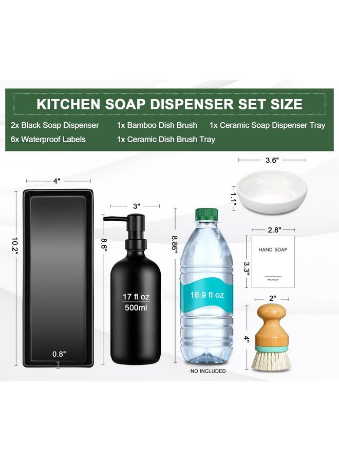 GM GMISUN GMISUN Kitchen Soap Dispenser Set, 17 fl oz Dish Soap Dispenser with Ceramic Tray & Bamboo Brush for Kitchen, 2Pcs Matte Black Glass Hand and Dish Soap Dispenser Set, Refillable Soap Bottle Set - Image 3