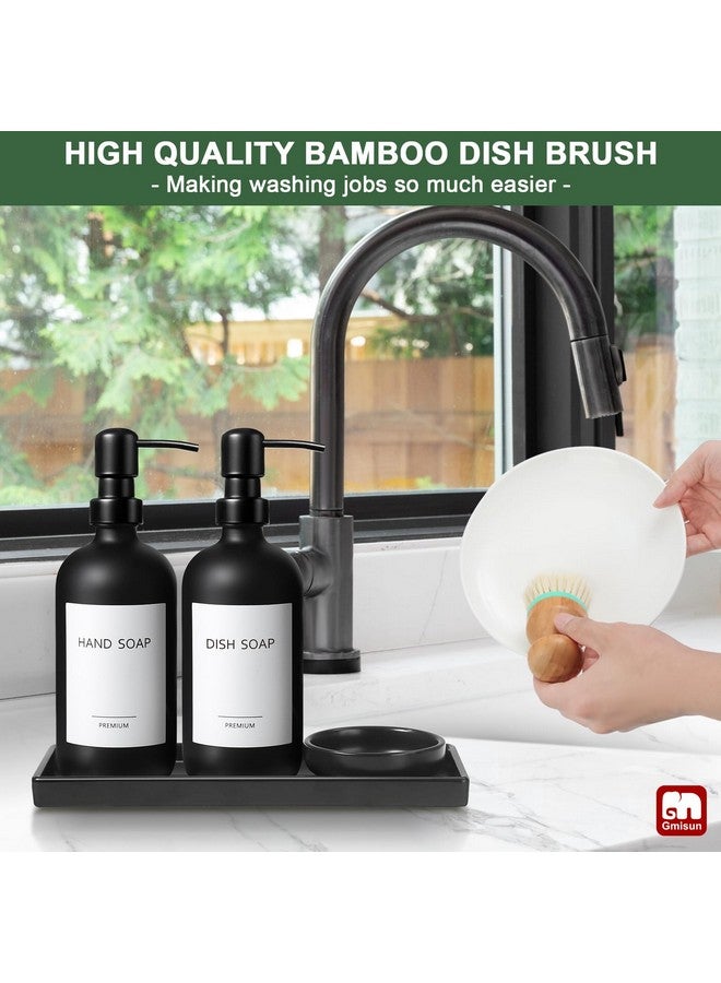 GM GMISUN GMISUN Kitchen Soap Dispenser Set, 17 fl oz Dish Soap Dispenser with Ceramic Tray & Bamboo Brush for Kitchen, 2Pcs Matte Black Glass Hand and Dish Soap Dispenser Set, Refillable Soap Bottle Set - Image 5