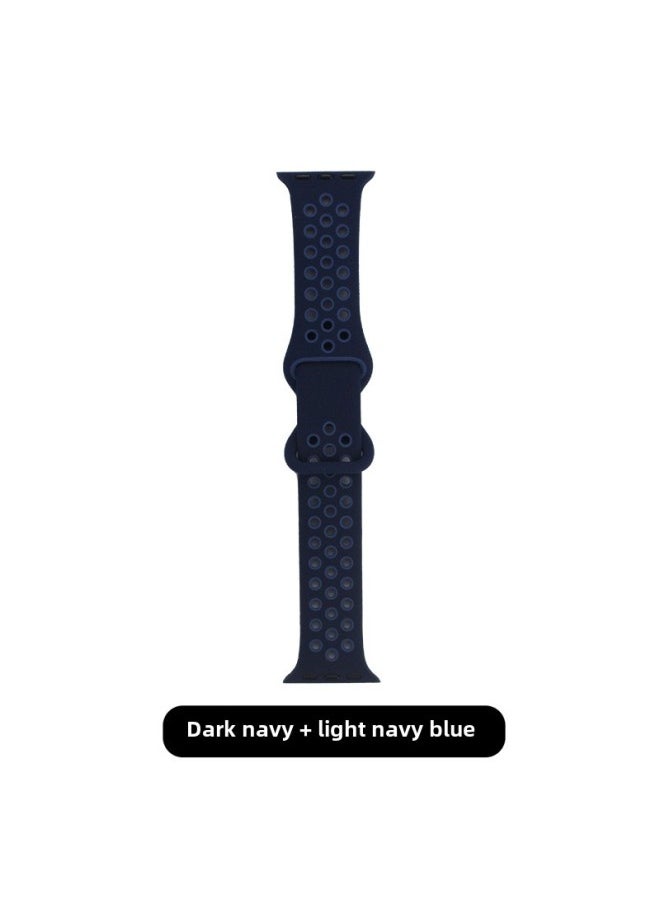 Generic Silicone Two-color Strap Suitable For Apple Nike Iwatch Hole Breathable Butterfly 8-word Buckle Sports Watch Strap-Color:Deep Sea Army Blue + Light Sea Army Blue-Specifications:42/44/45/49 M L  - Image 1