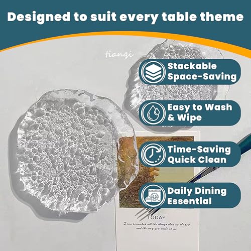 Coolcapis 6 pcs Textured Clear Glass Plates Wavy Edge Decorative Modern Hammered Ice Appetizer Plates Set Glass Serving Tray Dinner Appetizer Artistic Dinnerware Frosted Elegant Clear Small - Image 3