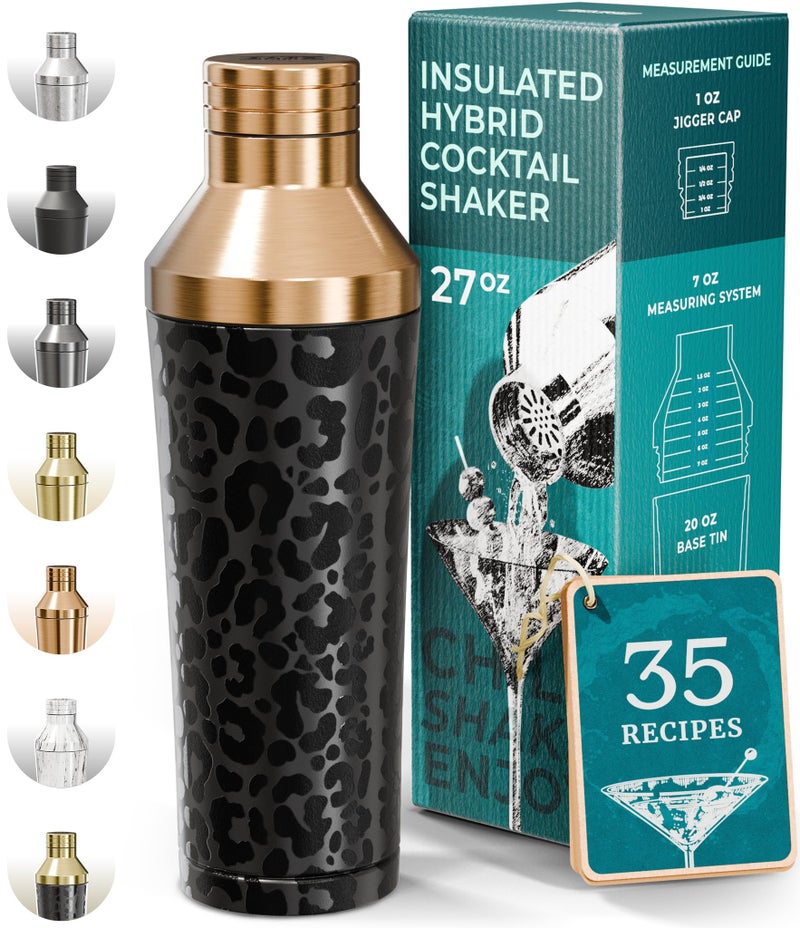 Bare Barrel Insulated Cocktail Shaker | Double Walled Stainless Steel | Martini Shaker for Home Bar Bartending | Built-in Drink Measurement System & Strainer, Travel Bag, 35 Recipes | Gift Set (Leopard Copper) - Image 1