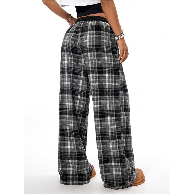WDIRARA Girl's Plaid Wide Leg Long Baggy Pants with Pockets - Image 2