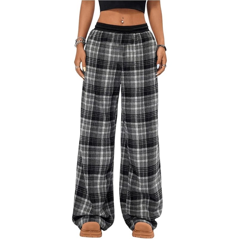 WDIRARA Girl's Plaid Wide Leg Long Baggy Pants with Pockets - Image 1