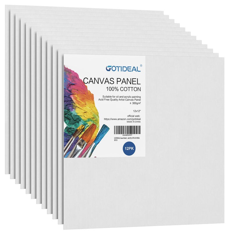 GOTIDEAL Canvases for Painting 12x12 inch of 12 Professional Primed White Blank Flat Canvas Panels 100 Cotton Artist Canvas Boards for Acrylics Painting Oil Watercolor Tempera