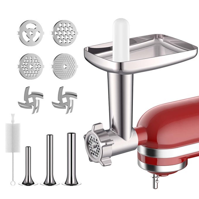 METAL MEAT GRINDER ATTACHMENT FOR KITCHENAID STAND MIXERS FOOD GRINDER ATTACHMENT INCLUDES 4 GRINDING PLATES 3 SAUSAGE STUFFER TUBES 2 GRINDING BLADES GRINDER AND SAUSAGE STUFFER BY