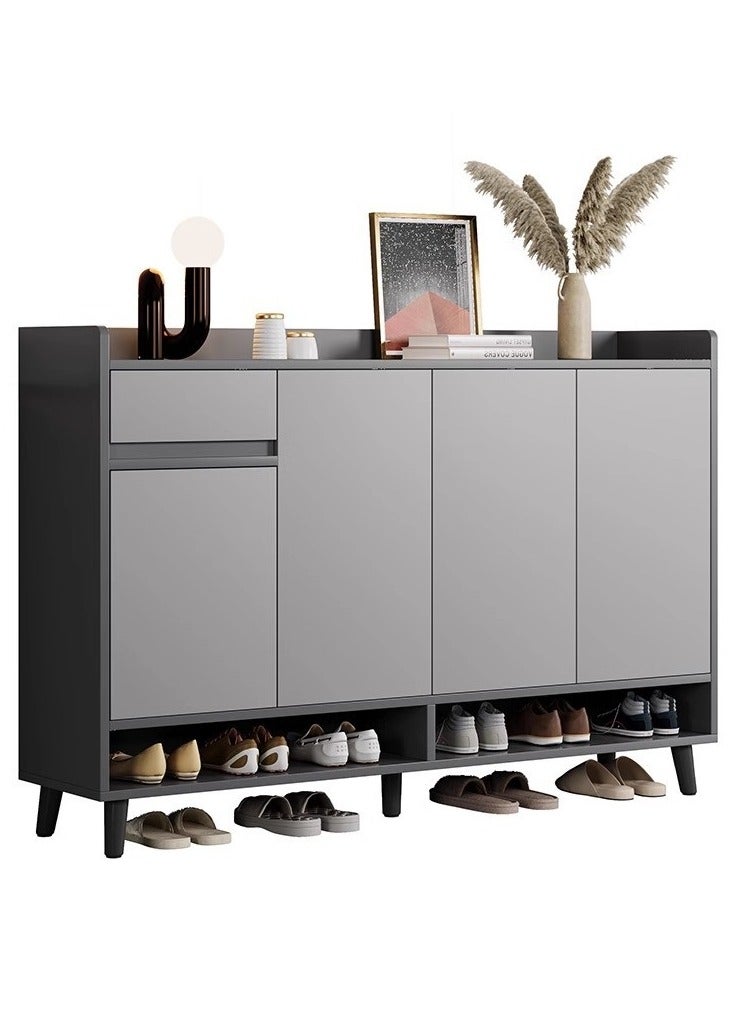 اليسا خزانة أحذية عصرية بأربعة أبواب تفتح بالضغط، ودرج، ورفوف مفتوحة - تخزين بثلاث طبقات، وأرجل معدنية، وسطح عمل بسياج، مقاس 140×30×100 سم - منظم أنيق للمدخل - Image 1