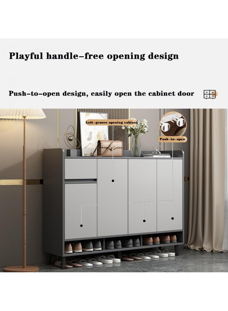 اليسا خزانة أحذية عصرية بأربعة أبواب تفتح بالضغط، ودرج، ورفوف مفتوحة - تخزين بثلاث طبقات، وأرجل معدنية، وسطح عمل بسياج، مقاس 140×30×100 سم - منظم أنيق للمدخل - Image 4