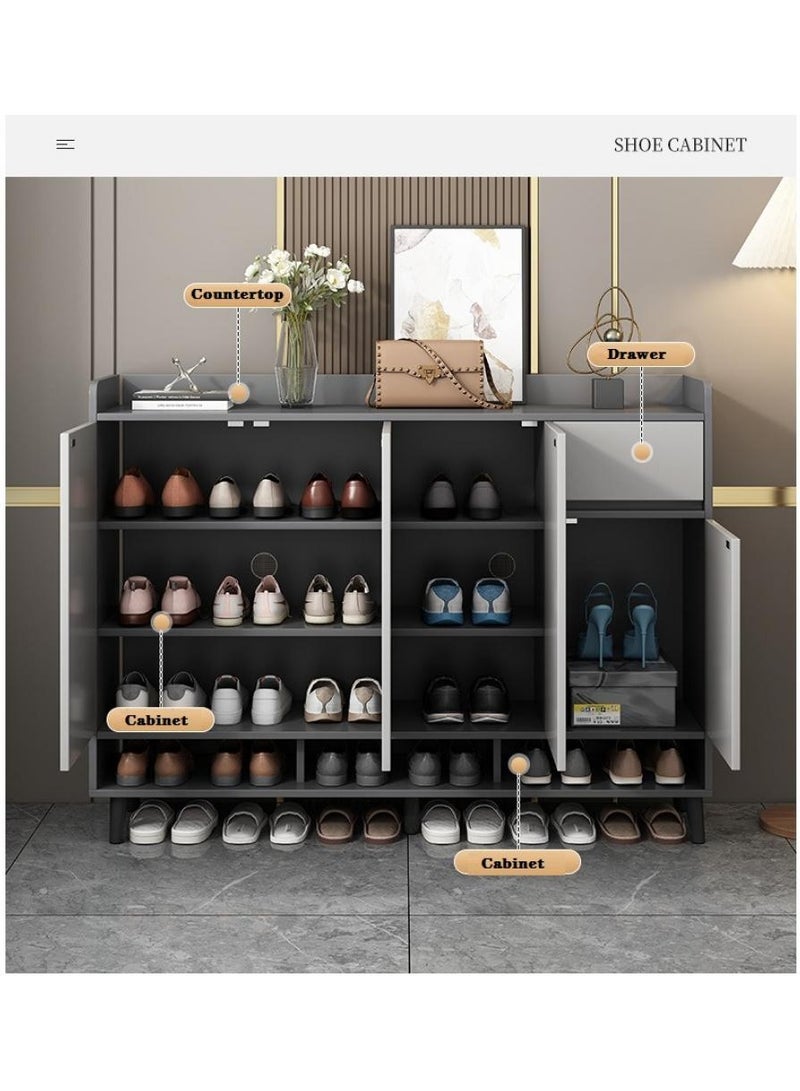 اليسا خزانة أحذية عصرية بأربعة أبواب تفتح بالضغط، ودرج، ورفوف مفتوحة - تخزين بثلاث طبقات، وأرجل معدنية، وسطح عمل بسياج، مقاس 140×30×100 سم - منظم أنيق للمدخل - Image 2