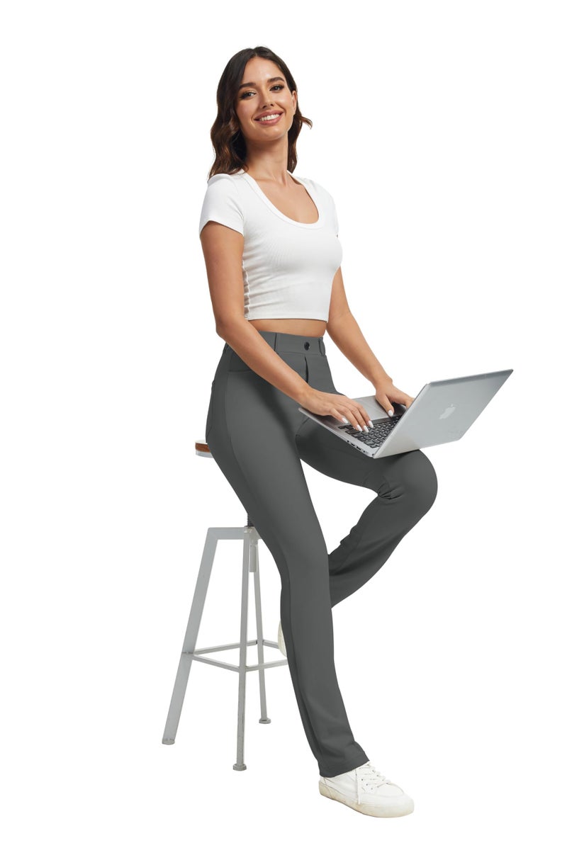 VIMPEP Yoga Pants Women Straight Leg Pants with Pockets High Waist Stretchy Pull On Dress Slacks for Casual Lounge Office Work Petite/Regular 1202 29 Dark Grey Color M - Image 5