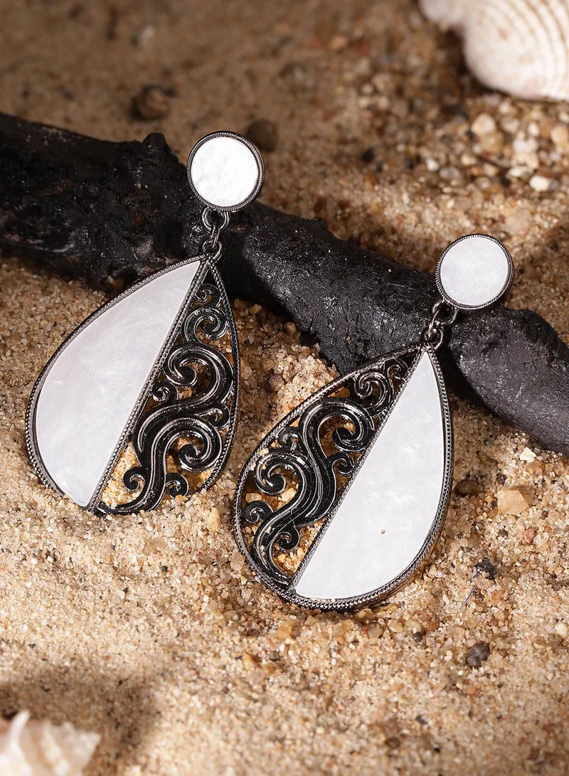 ISHIN White Colour Metallic Grey Plated Drop Earring