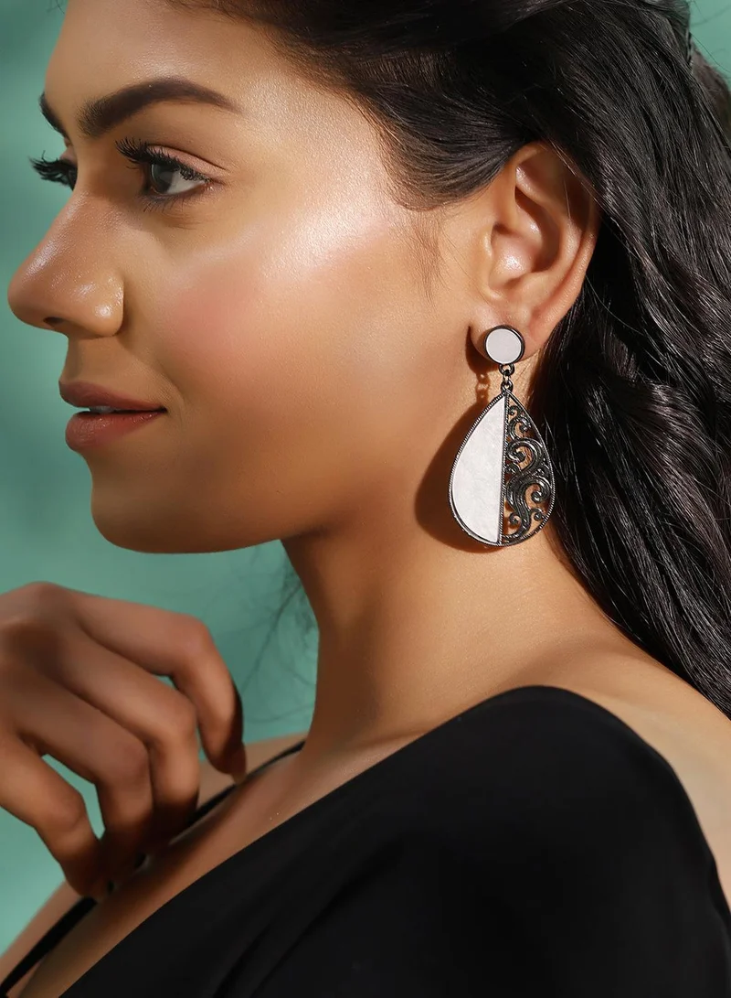 ISHIN White Colour Metallic Grey Plated Drop Earring