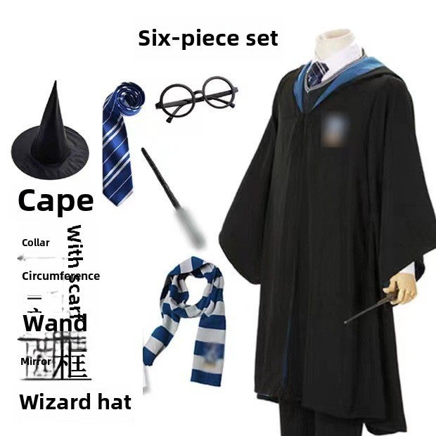 Harry Potter Style Cosplay Robe for Adults and Kids Blue six-piece set [cloak tie small scarf glasses frame non-luminous magic wand Magic Hat 