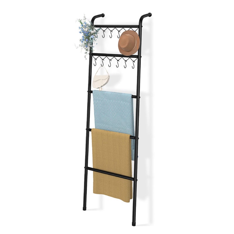 Simple Trending Blanket Ladder5 Tier Metal Towel Rack with 12 Hooks 79 Metal Style Decorative Ladder for The Living Room Bedroom Bathroom Home Decor Black