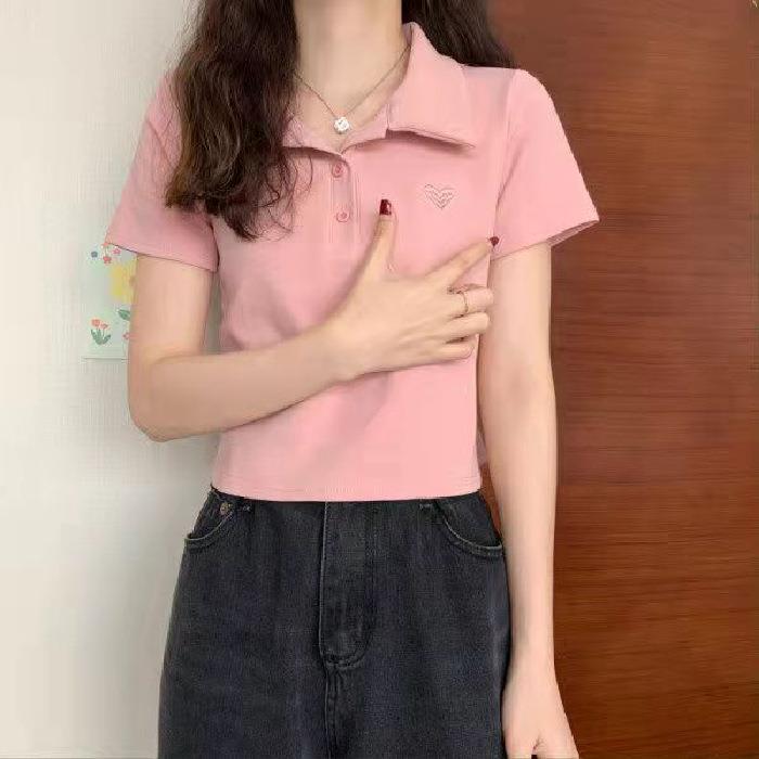 Cotton Korean-Style Slim-Fit Love Embroidered Polo Collar Short-Sleeved T-Shirt Spice Girl Style Short Top Summer - Image 1