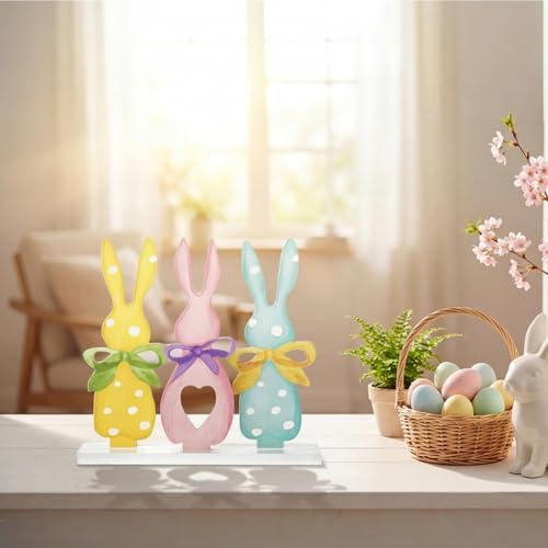 Sm:)e Smile Easter Wooden Indoor Sign, 3-Piece Bunny House Standing Decor, Tabletop Decoration for Home Office Shelf Mantel - Image 4