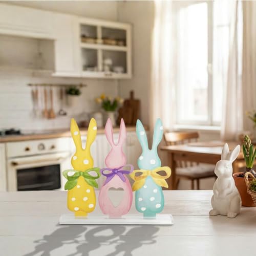 Sm:)e Smile Easter Wooden Indoor Sign, 3-Piece Bunny House Standing Decor, Tabletop Decoration for Home Office Shelf Mantel - Image 3