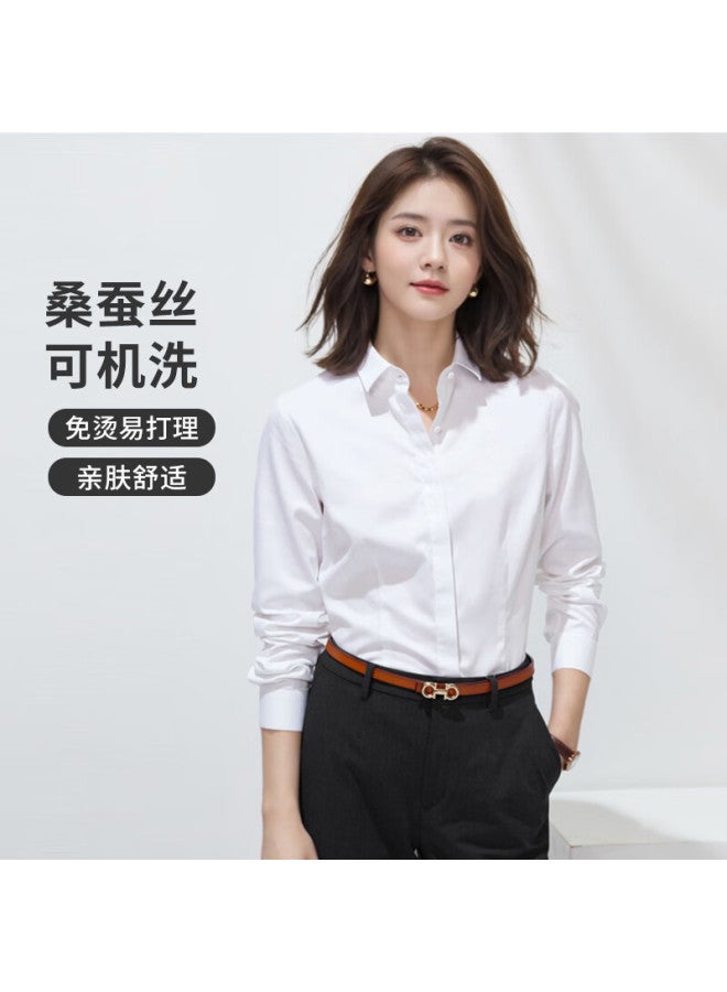 Teluoman Mulberry Silk Non-iron Long Sleeve Blouse For Women, White Professional Wear, Elastic Casual High-end Interview Formal Wear, Commuter Shirt - Image 1