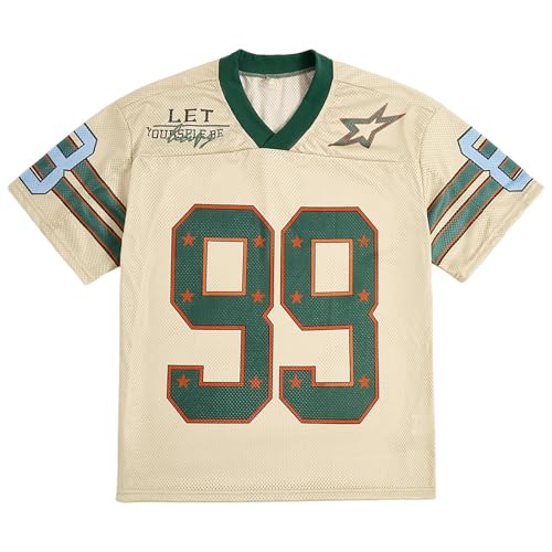 Yimoon Mens Jersey Shirts Oversized Number Graphic Tees Short Sleeve Mesh Tshirts Vintage 90s Y2k Streetwear Tops(Beige-L) - Image 1