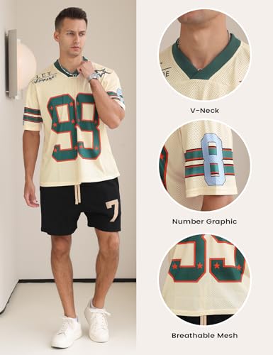 Yimoon Mens Jersey Shirts Oversized Number Graphic Tees Short Sleeve Mesh Tshirts Vintage 90s Y2k Streetwear Tops(Beige-L) - Image 5
