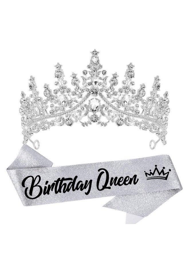 Velscrun VELSCRUN Birthday Queen Tiara Crowns for Women Girls Silver Crystal Birthday Queen Headband Sash Elegant Princess Crown Happy Birthday Party Decorations Mom Sisters Birthday Gift Hair Accessories  - Image 1