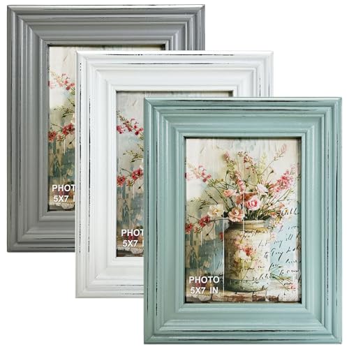 EXQUIDECA Vintage 5x7 Inches Wooden Picture Frame Pack of 3 Farmhouse Aqua Grey White - Rustic Thick Wood High Definition Glass Photo Frame Outside 7.9x9.9 Inches - 2 Ways Display Tabletop or Wall Mounted - Image 1