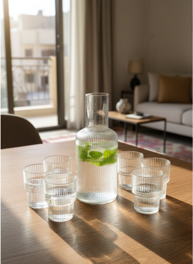 CASA HOME CasaHome High-Quality Ribbed Glass Carafe Set with 6 Tumblers Clear Water Juice Egypt - Image 1