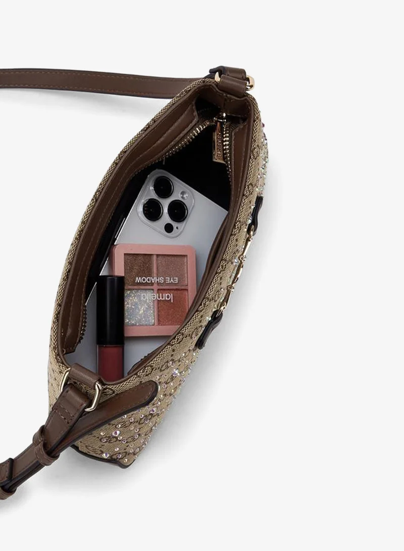 Celeste BROWN Diamante Embellished Crossbody Bag With Zip Closure for Women | Best Price UAE