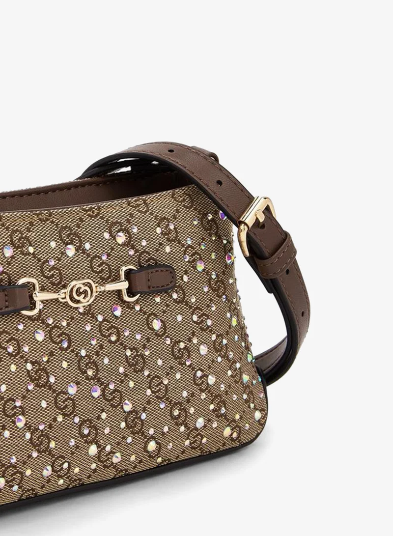 Celeste BROWN Diamante Embellished Crossbody Bag With Zip Closure for Women | Best Price UAE