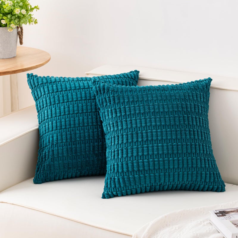 Aegero Pack of 2 Corduroy Decorative Throw Pillow Covers 18x18 Inch Soft Striped Pillow Covers Modern Farmhouse Home Decor for Sofa Living Room Couch Bedï¼ˆTurquoiseï¼‰ - Image 1