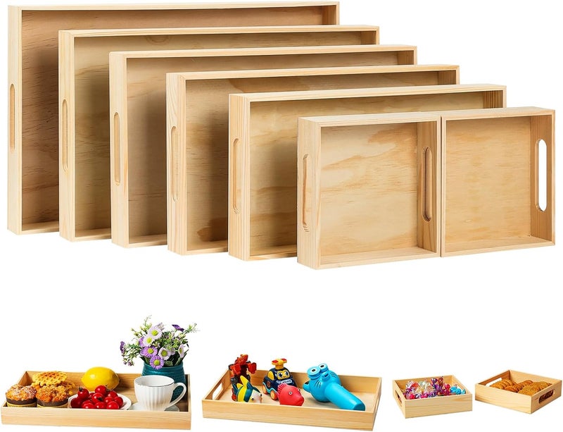 PONGJA Wooden Serving Trays with Handle  7 Pieces Unfinished Wood Nested Breakfast Food Serving Trays for Craft Kids Montessori Snacks Home Decor Kitchen Party Dinner - Image 1