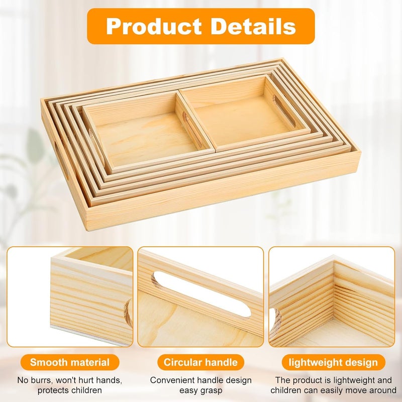 PONGJA Wooden Serving Trays with Handle  7 Pieces Unfinished Wood Nested Breakfast Food Serving Trays for Craft Kids Montessori Snacks Home Decor Kitchen Party Dinner - Image 3