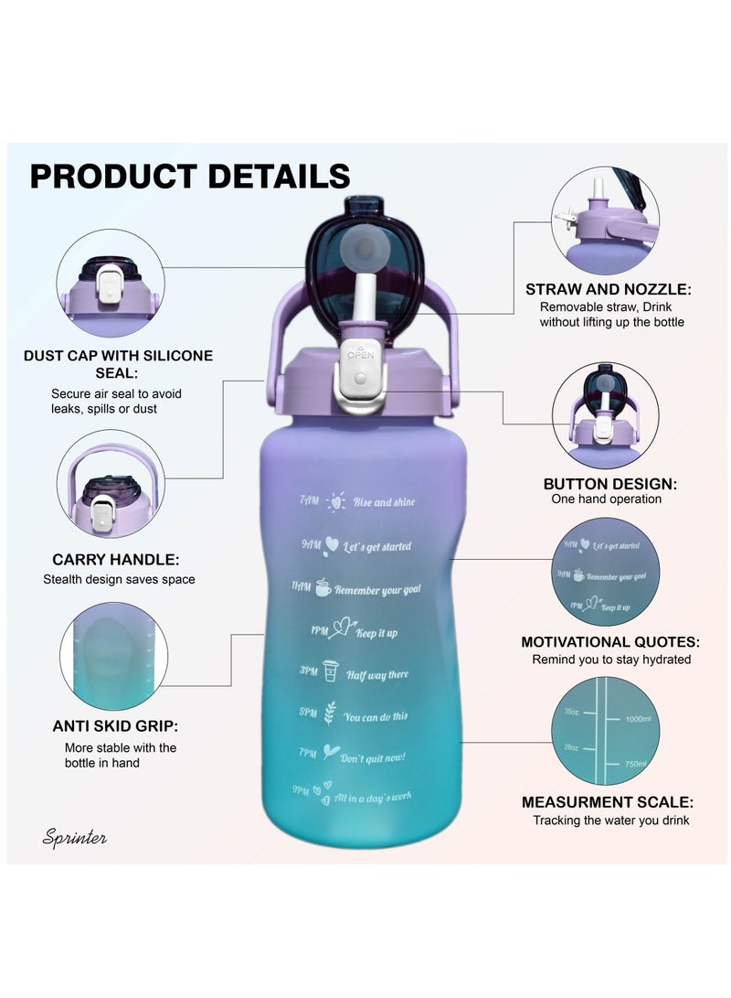 Sprinters - 2 Liters / 2L Water Bottle - Large Size Water Bottle Multicolor Leak Proof With Straw, Motivational Quote And Time Marker, Anti Slip For Sports ,Fitness, Gym ,Outdoor (Purple/Blue Gradient - Image 2