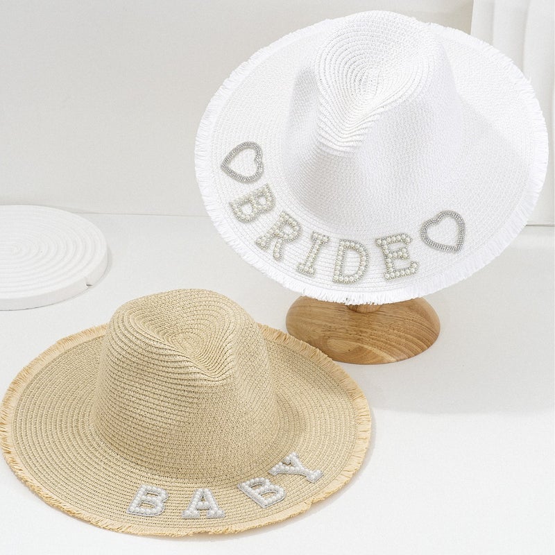 Men's and Women's Panama Style Straw Hat Rhinestone Love BRIDE with Pearl BABY English Beach Hat - Image 2