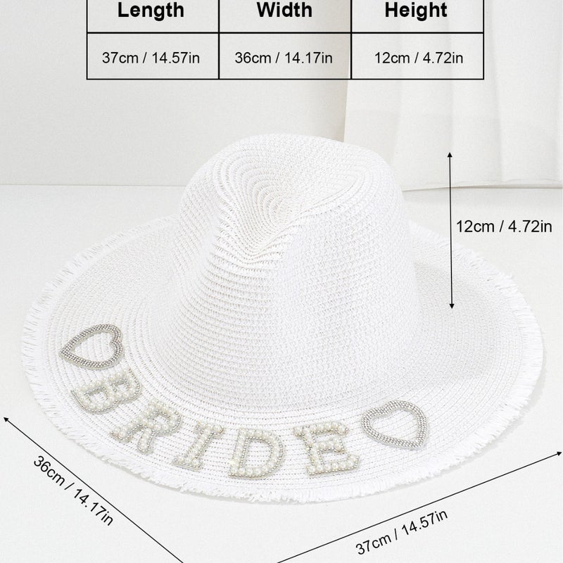 Men's and Women's Panama Style Straw Hat Rhinestone Love BRIDE with Pearl BABY English Beach Hat - Image 3