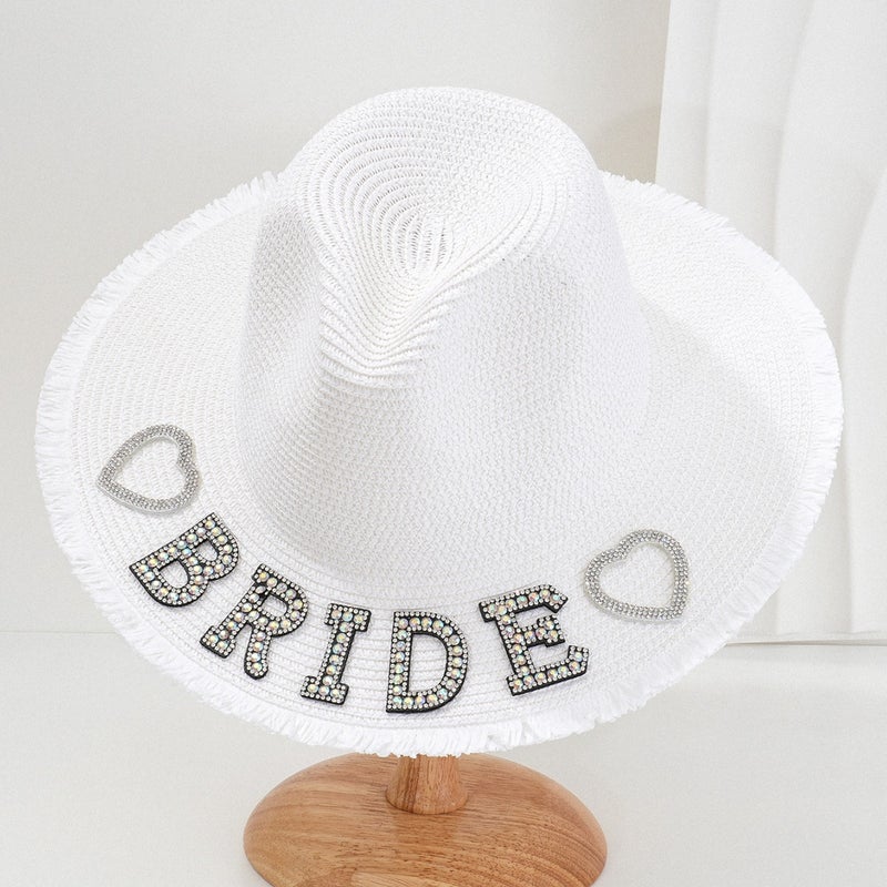 Men's and Women's Panama Style Straw Hat Rhinestone Love BRIDE with Pearl BABY English Beach Hat - Image 4