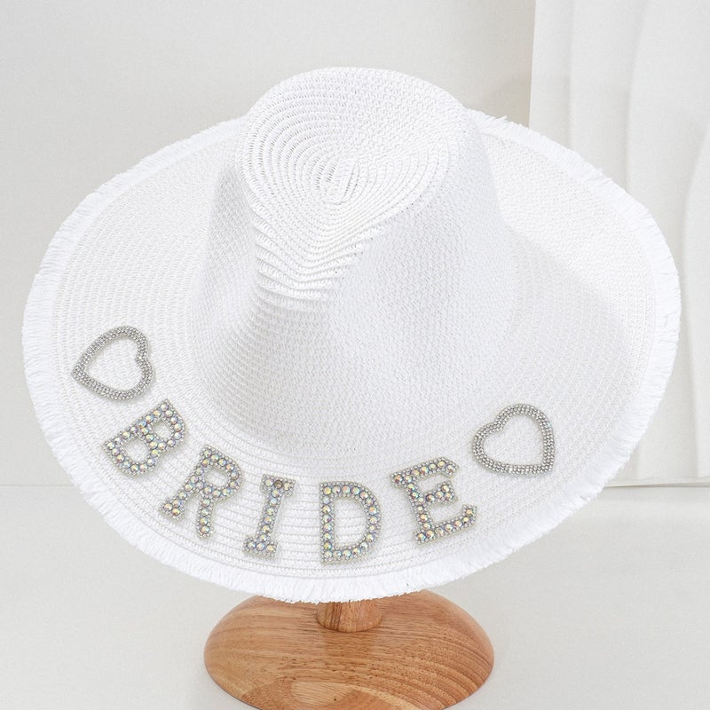 Men's and Women's Panama Style Straw Hat Rhinestone Love BRIDE with Pearl BABY English Beach Hat - Image 5