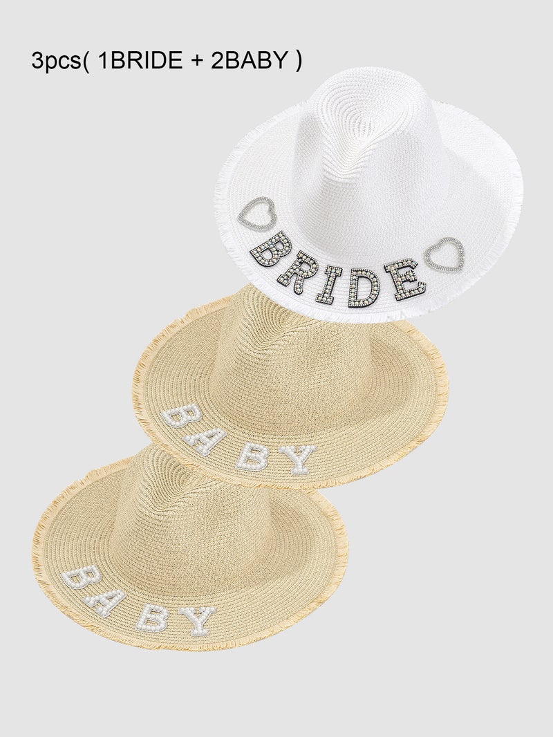 Men's and Women's Panama Style Straw Hat Rhinestone Love BRIDE with Pearl BABY English Beach Hat - Image 1