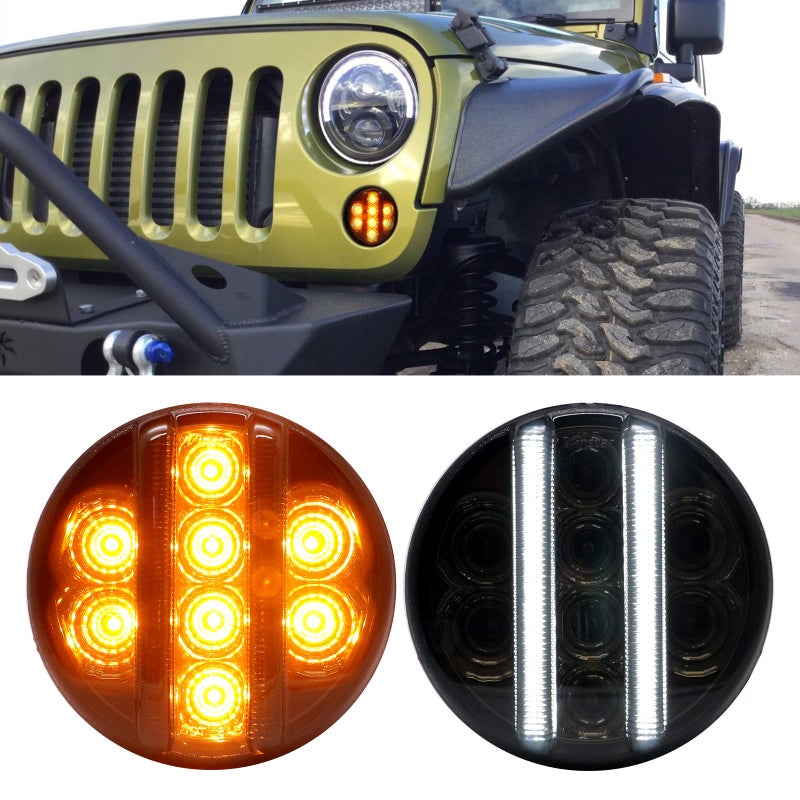 Aexploer for JK Front Turn Signal LED Lights Running Lamps Compatible with Wrangler JK JKU 20072018White Vertical LED Bar as Daytime Running LightsAmber Yellow LED as Turn SignalSmoked Lens
