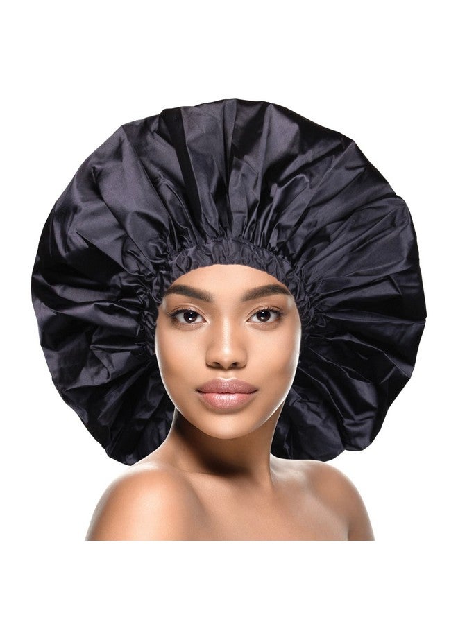 Donna Jumbo Satin Shower & Conditioning Cap 1Pc For Women Curly Hair Roller Sets Crochet Hairstyles Elastic Band Waterproof Shower Cap Jumbo Midnight Black Shower Cap Jumbo  - Image 1