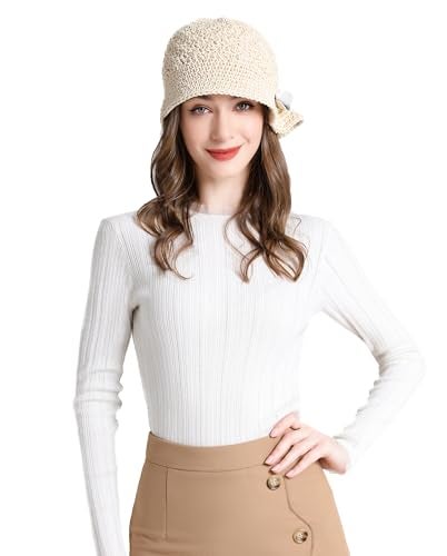 ZLYC Women Winter Crochet Bucket Hat Handmade Cotton Knit Cloche Bowler Hats (Bow Beige) - Image 4