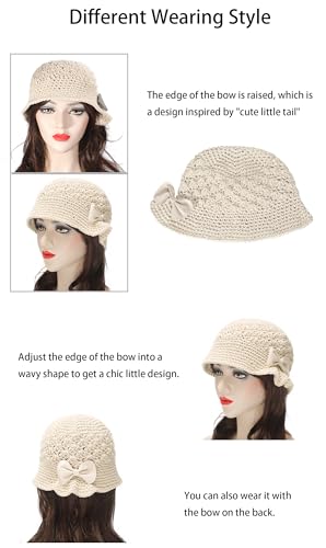 ZLYC Women Winter Crochet Bucket Hat Handmade Cotton Knit Cloche Bowler Hats (Bow Beige) - Image 3
