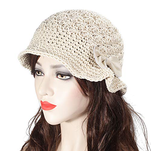 ZLYC Women Winter Crochet Bucket Hat Handmade Cotton Knit Cloche Bowler Hats (Bow Beige) - Image 2