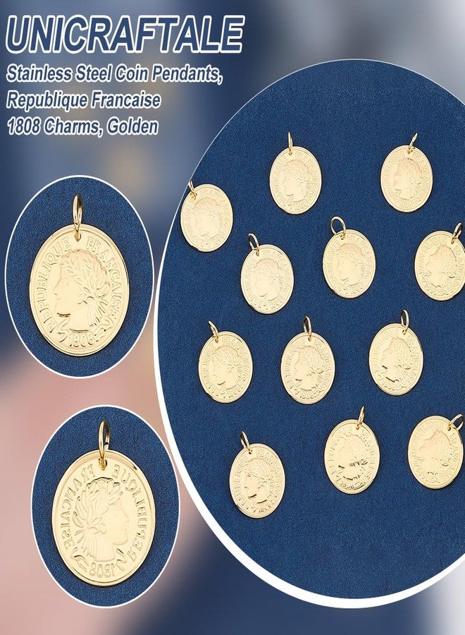 UNICRAFTALE 12Pcs Stainless Steel Golden Coin Pendant Republique Francaise 1808 Charms Flat Round Metal Pendant Hole 5mm Coin Dangle Medallion Charm Pendant for DIY Jewelry Making - Image 4