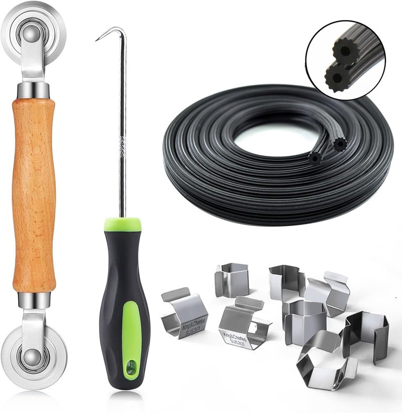 King&Charles Screen Repair Kit, 4 in 1 Screen Roller Tools with Bearing & Removal Hook & Clips(8 pcs) & Spline(32 ft) and User Manual, for Install/Replace Door Window Mesh - Image 1