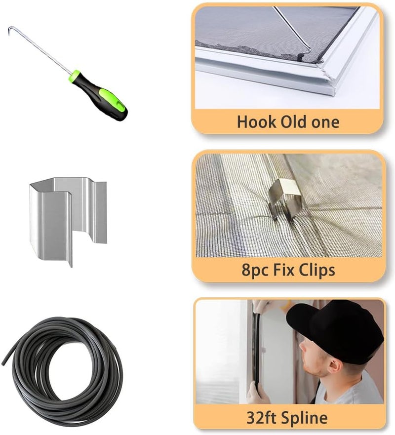 King&Charles Screen Repair Kit, 4 in 1 Screen Roller Tools with Bearing & Removal Hook & Clips(8 pcs) & Spline(32 ft) and User Manual, for Install/Replace Door Window Mesh - Image 5