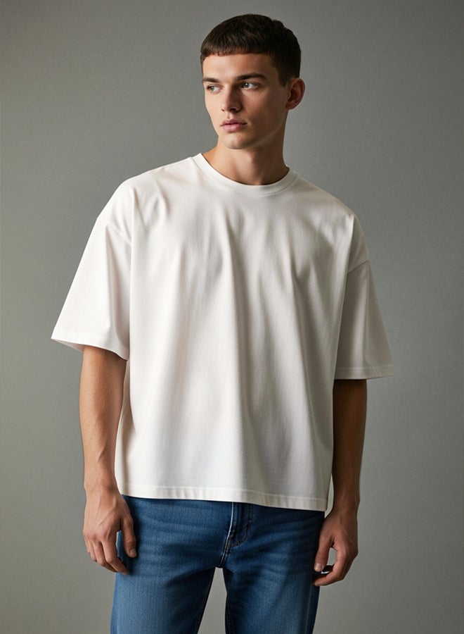 trendyol Ecru Boxy/Square Cut 100% Cotton Basic T-Shirt - Image 2