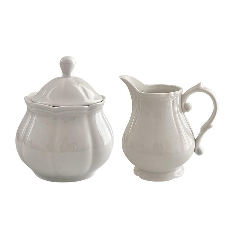 WAIT FLY Vintage Embossed Ceramic Creamer and Sugar Bowl Set Cream Pitcher Sugar Bowl with Lid Coffee Serving SetWhiteCreamer Bowl Set