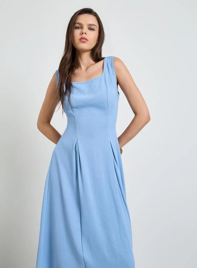Take Two Blue Solid Tie-Up Details Sleeveless A-Line midi Dress