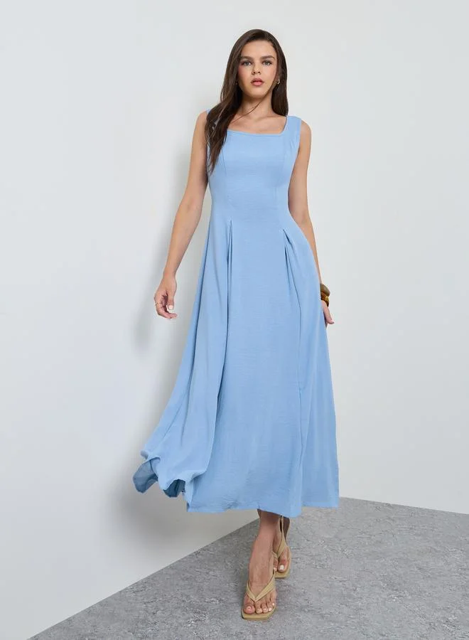 Take Two Blue Solid Tie-Up Details Sleeveless A-Line midi Dress
