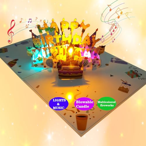 Akeydeco 3D Pop Up Birthday Cards,Light Music Birthday Cake Cards Pop up Warming LED Colourful Happy Birthday Card Best for Mom,Wife,Sister,Girl,Friends 1 Pack - Image 1